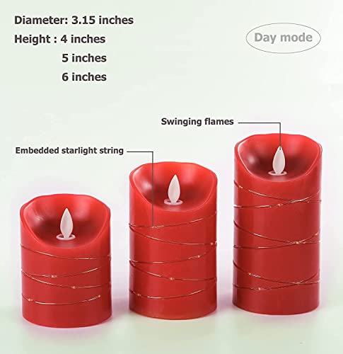 Image of danip red LED flameless Candle with Embedded Star String, 3-Piece Set of LED Candles, with 11 Button Remote Control, 24-Hour Timer Function, Dancing Flames, Real Wax, Battery Powered. (Red)