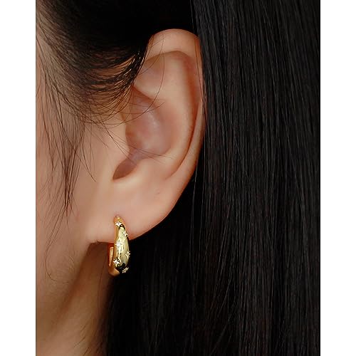 925 Sterling Silver CZ Star Chunky Small Hoop Earrings for Women Teen Sensitive Ear Dainty 14K Gold Plated Oval Crystal Stars Hypoallergenic Huggie Hoops Fashion Trendy Jewelry Christmas Gift 5