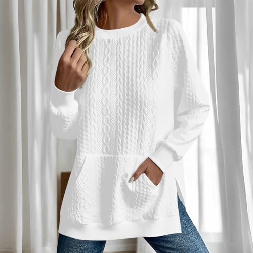 Womens Long Sleeve Outfit Sweatshirt for Women Crewneck Loose Fit Jacquard Crochet Slit Knit Plain Fall Winter 20252