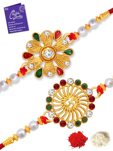 Image of Sukkhi Rakhi for Brother Stylish Kundan Combo & Designer Gold Plated with Roli Chawal & Greeting Card Set of 2