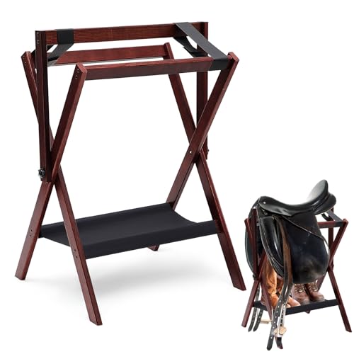 Leinuosen 1 Pack Pine Wood Saddle Rack Portable Folding Horse Saddle Stand 20" L x 17" W x 30" H Storage Pad Rack Blanket Display Holder for English Western Horse Gear Tack Organizers (Walnut Brown)