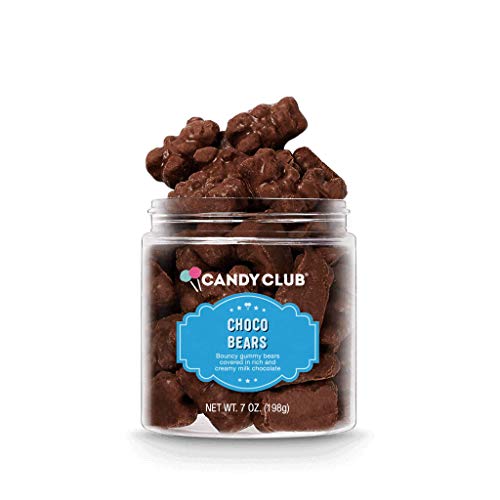 Candy Club Gourmet Choco Bears, Apricot, Strawberry, Strawberry-Banana, Marshmallow, and Organce Flavored Bears Covered in Milk Chocolate for Gifts, Parties, Snacks, Candy Buffets, etc. - 7oz Jar