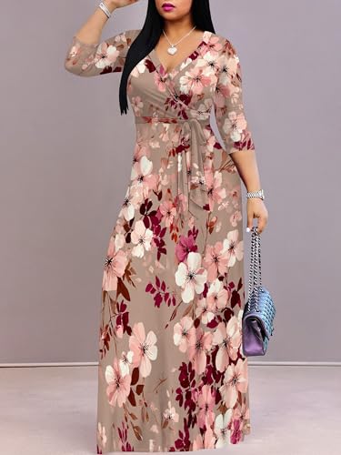 Image of Plus Size Dresses for Women Floral Print Maxi Dress Flowy 3 /4 Sleeve with Belt