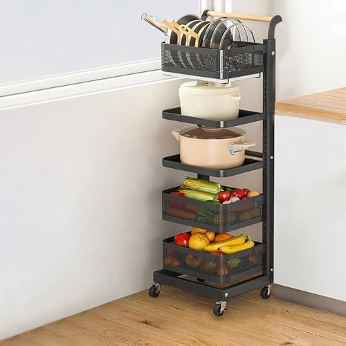 Carrito de cocina móvil con ruedas, cesta de verduras de 5 niveles, organizador versátil para cocina, baño y sala de estar (negro)