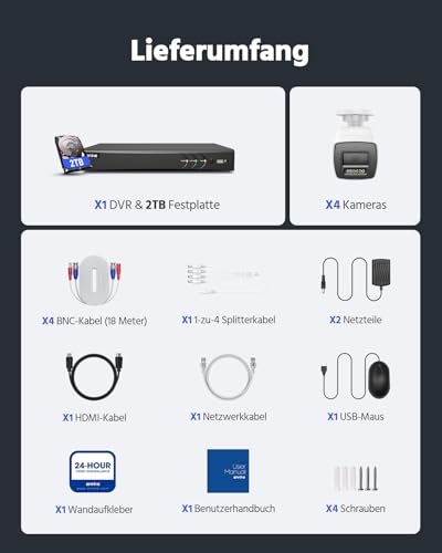 ANNKE 3K/5MP Lite AI DVR 8 Kanal mit 2TB HDD für 24/7 Aufzeichnung, 4X 1080P kabelgebundene Kameras mit Zwei-Wege-Audio und Farb-Nachtsicht-Sicherheitssystem, E-Mail-Benachrichtigung mit Bildern