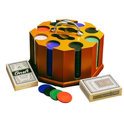 ADROIT Revolving Poker Chip Rack | 200 Plastic Chips in Red, Blue, White & Green | Includes 2 Playing Card...