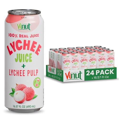 Image of VINUT 100% Natural Lychee Juice Drink with Pulp, Real Lychee Juice, Gluten Free, GMO-Free, 16.57 fl oz, Pack of 24
