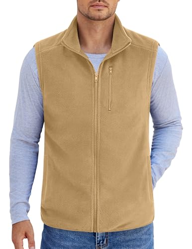 COOFANDY Polar Vest For Men Sleeveless Fleece Jacket Casual Vests Outerwear Lightweight With Pockets, Khaki, Small