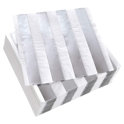 Striped White & Silver Disposable Paper Napkins - 5 x 5 (Pack of 36) - Perfect for Weddings Parties & Special Occasions