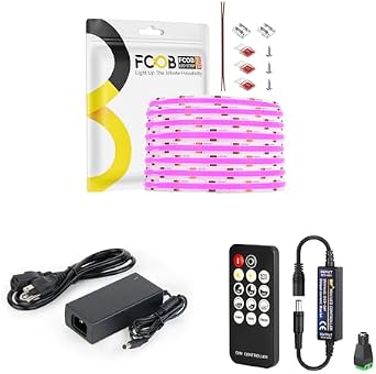 COB LED Strip Purple DC12V Flexible High Density Uniform Bright LED Strips Light with 12V5A 60W Power Supply Mini Touch Dimmer Switch Controller for Cabinet Indoor Decor