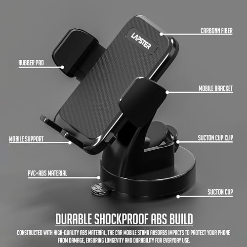 Image of Lapster Autogrip C1 car Mobile Holder for Dashboard with 360 Degree Rotation, Secure Hold Grip, Vacuum Lock Base, One-Hand Operation, Impact-Resistant Design, Mobile Holder for car (Black)