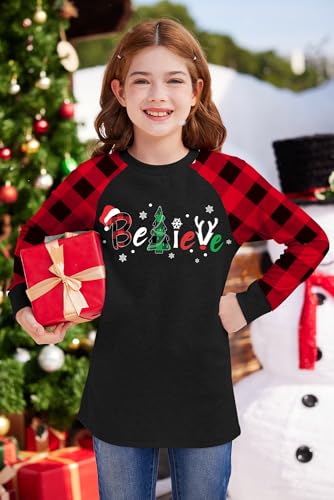Image of BesserBay Girl's Christmas Buffalo Plaid Raglan Top Funny Holiday Graphic Shirt 4-14 Years