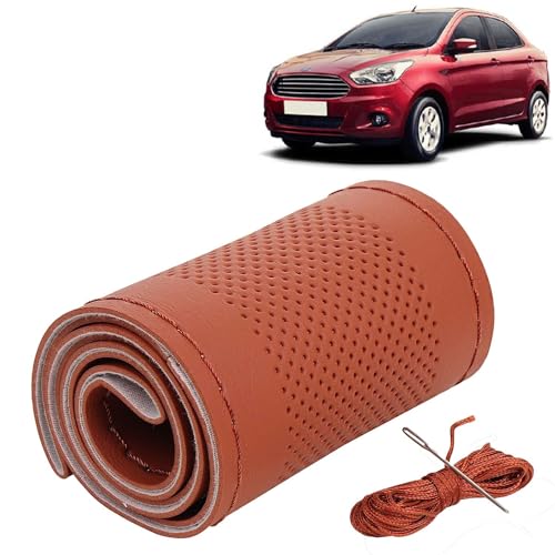 Image of KINGSWAY PU Leatherite Car Steering Cover Sewable Compatible with Ford Figo Aspire (Year 2014-2021), Tan Color with Tan Thread, Pack of 1 with Sewing Needle and Thread