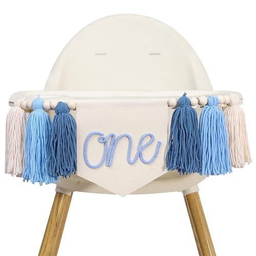 One Birthday High Chair Banner - Little One 1st Birthday Party Decorations First Bday Blue Tassel Garland Happy Cake Smash Hanging Banner Photo Props for Highchair (BLUE)