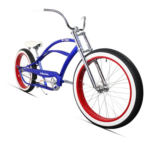 For Adults, Single Speed With Coaster Brake, Long Frame & High Rise Handlebars, White Wall Tires (26"-blue)