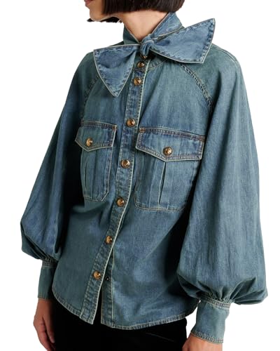 Women's Bow Denim Shirt Button Down High Neck Puff Sleeve Demin Jacket