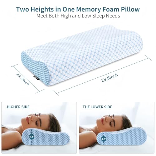 Image of Cervical Pillow for Neck Pain Relief, Contour Memory Foam Pillows for Sleeping, Ergonomic Pillow Cooling Pillow Bed Pillow Neck Support for Side Back Stomach Sleepers (Blue, Queen Size)