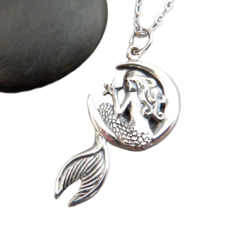 Collar de plata de ley 925 con colgante de luna y sirena mística, joya grabada de 45 cm