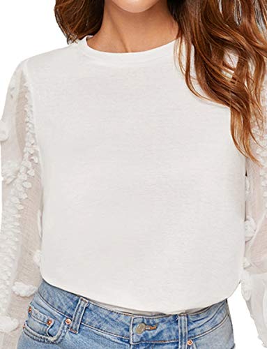 Romwe Women's Casaul Mesh Long Sleeve Round Neck Solid Blouse Top Tee S White