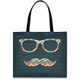 visesunny Women's Large Canvas Tote Shoulder Bag Hipster Eyeglasses And Beard With Zigzag Pattern Top Storage Handle Shopping Bag Casual Reusable Tote Bag for Beach,Travel,Groceries,Books