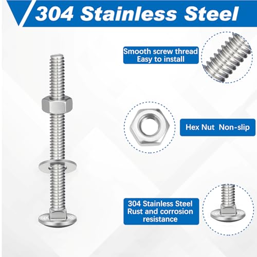 Image of Zonon 50 Sets 5 /16-18 x 3 Stainless Steel Carriage Bolts and Nuts Kit Round Head Square Neck Carriage Bolts Screws and Hex Nuts and Flat Washers, Stainless 18-8 Full Thread Coverage (Silver)