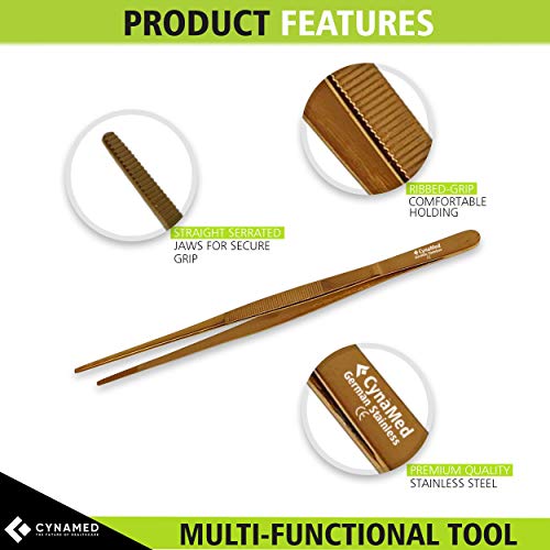 Cynamed 10” Kitchen Premium Tongs Tweezers Stainless Steel, Long With Precision Serrated Tips (Copper) #TOP1