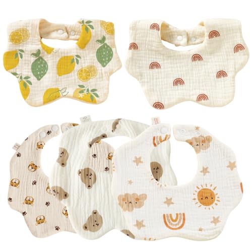SKY-TOUCH Muslin Baby Drooling Bibs 5 Pack 100% Cotton Soft Absorbent Bandana Drool Bibs with Adjustable Snaps Cotton for Teething and Drooling Unisex Baby