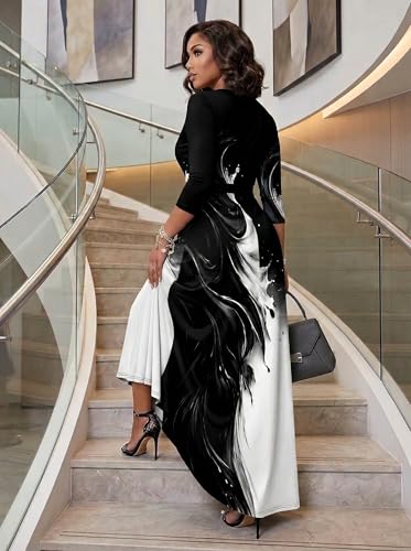 Image of PinkPatty Plus Size Maxi Dresses for Women Casual Flowy Long Dress 3 /4 Sleeve V Neck Wrap Dress with Belt