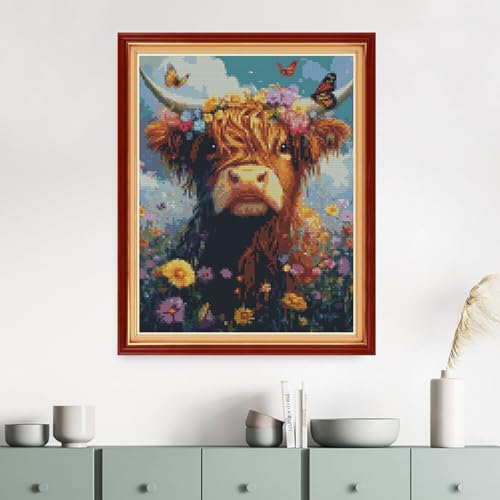 Image of MYBISYMQQ Highland Cow Cross Stitch Kits for Adults Beginners - 11CT Stamped Floral Cow & Butterfly Embroidery Kit, DIY Pre-Printed Needlepoint Patterns for Home Wall Art Decor, 15.7x11.8 Inches