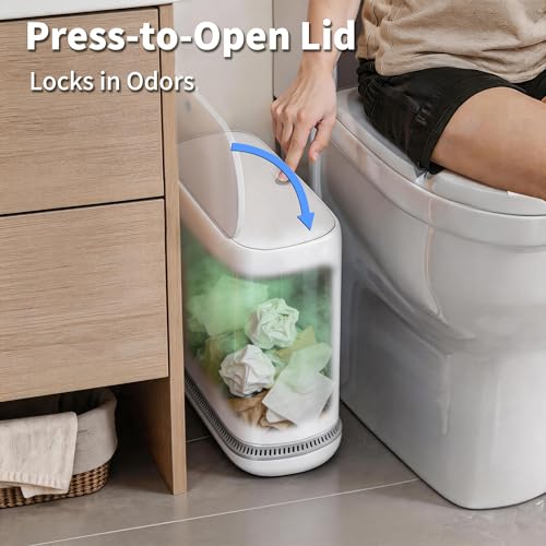 Image of Small Bathroom Trash Can with Lid, 2.3 Gallon Slim Trash Can, Narrow Garbage Can with Hidden Liner & Auto-Smooth Bag Fit, Press-to-Open Lid, White, for Bathroom, Bedroom, Office, Kitchen