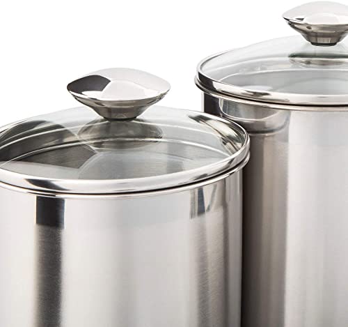 Beautiful Canisters Sets for the Kitchen Counter, 8-Piece Stainless Steel, Airtight Medium Sized with Glass Lids and Measuring Cups - SilverOnyx Tea Coffee Sugar Flour Canisters - 8pc Glass Lids