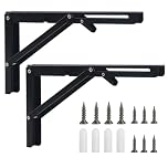 2 Pcs Folding Shelf Brackets 8 Inches, Heavy Duty Foldable Shelving Brackets, Space Saving Metal Wall Mounted Folding Table Bracket for Bench Table Shelf, Black, with Screws and Wall Plugs