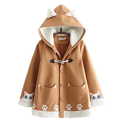 Lindo Lana Abrigo Adolescentes Kawaii Gatito Sudadera Con Capucha Niñas Estilo Japonés Casual Outwear Invierno Más Fleece Tops Capa, marrón, S