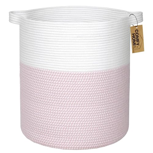 Image of COMFY-HOMI XXL Large Laundry Basket with Handles Blanket Baskets Living Room|Woven Cotton Rope Decorative Basket Laundry Hamper Baby Basket Nursery Dog Toy Storage Organizer Bin-16”x18”-White/Pink