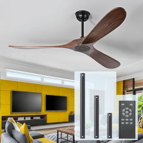 Wood 60 Inch Ceiling Fan No Light, Indoor Outdoor 3 Blade Ceiling Fans without Lights for Patios Porch Gazebo - Modern Propeller Wet Rated Fan for Living Room Bedroom Kitchen with Remote (Walnut)