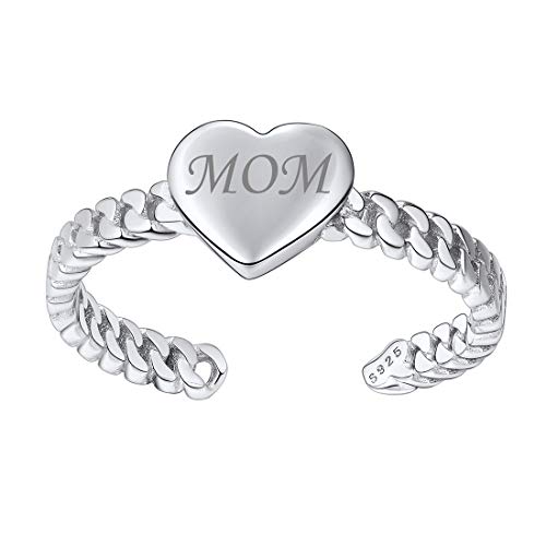 ChicSilver 925 Sterling Silver Customizable Heart Ring Simple Adjustable Open Ring for Women, Silver/Gold Plated/Rose Gold Plated Silver-Free Engravin