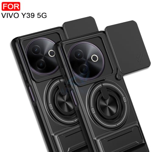 Image of AESTMO VIvo Y39 5G Back Cover | Armor Camera Slider 360 Degree Rotating Finger Ring Holder Case with Bracket Stand Back Case Cover (Compatible with MagSafe Accessories) (Black)