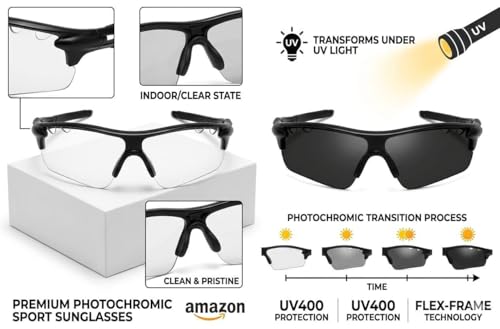 Image of Specoo Photochromic Sport Sunglasses, Black, UV400 Protection, Flex-Frame Technology, Transitions Clear to Dark