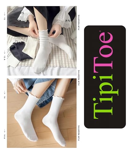 Tipi Toe Womens 6 Pairs Crew Length Turn-Cuff Solid Lettuce Edge Lace Ruffle Socks Size 9-113