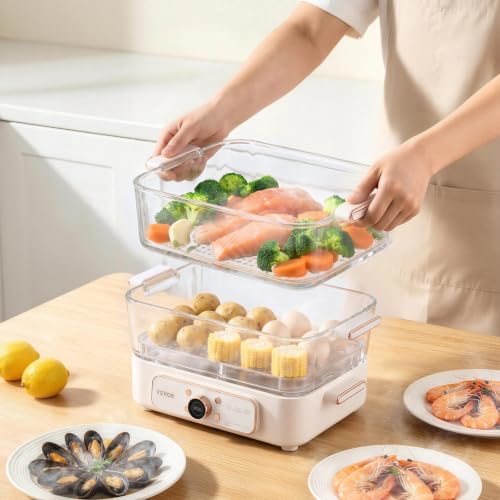 VEVOR Electric Food Steamer 10.6 QT Glass with 3-Tier Stainless Steel Trays, 1200W Vegetable Steamer for Cooking, 2-4 Servings, Pre-Programmed Settings, Delay Start, for Veggies, Seafood & Rice, White by VEVOR - Image 2