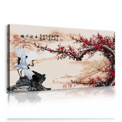 Toile orientale classique SHENGPOSTER grand format 50x100cm motif prune et grue avec cadre