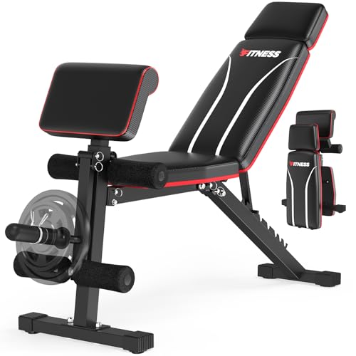 Adjustable Weight Bench, Workout Bench Press for Home Gym w/Leg Extension, Preacher Pad & Extended Headrest, Foldable Flat Incline Decline Sit-up Bench for Full Body Strength Training