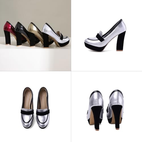 Women's Patent Leather Platform Chunky Heeled Pumps,Fashion Round Closed Toe High Heel Oxford Loafers,Comfortable Non-Slip Slip-On Office Dress Pump Shoes3