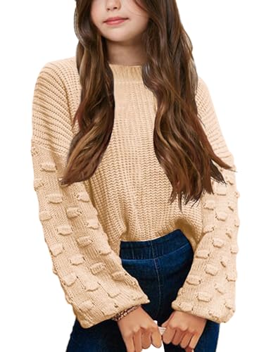 Image of Girls Crewneck Knit Pullover Sweaters Long Lantern Sleeve Oversized Knit Cute Jumper Tops