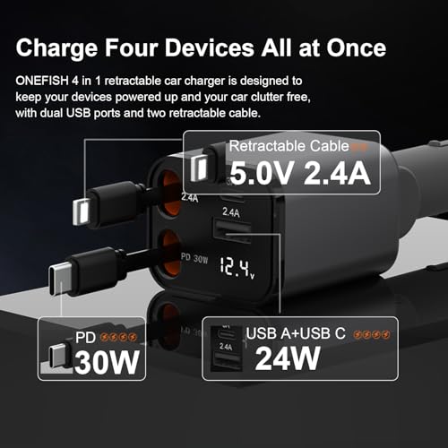 OneFish 12V&24V Retractable Cord 4 in 1 Fast Car Charger, 4Ports (PD30W+PD12W x3), Cigarette Lighter Chargers with USB Type C Ports Display, for iPhone 17 16 Pro Max Plus/iPad, Car Truck Essentials — view 2