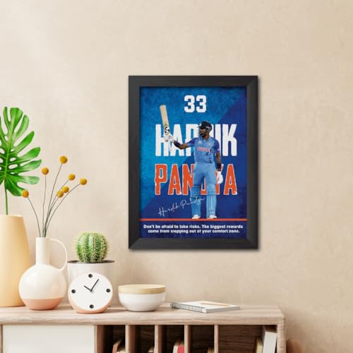 Image of TenorArts Hardik Pandya Poster with Quotes Indian Legend Cricket Player Photo Frame Painting with Matt Finish Black Textures (12 inches x 9inches)