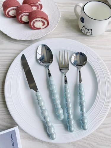 4Pcs Pearl Flatware Set, Creative Stainless Steel Flatware Pearl Ceramic Handle Silverware Tableware for Kitchen Hotel Home Steak Knife Dessert Spoon Dishwasher