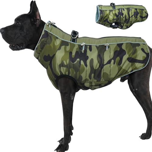 Katzinst Hundejacke Grosse Hunde, Ärmellose Wasserbeständig Schneemantel Hund, Hundemantel mit Bauchschutz, Fleecekragen Hundemantel Gefüttert für Große Hunde, Deutsche Dogge, Armee-Grün, 3XL