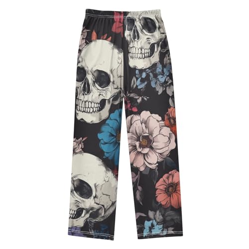 ZZXXB Skull Colorful Flowers Boys Long Pants Soft Trousers Elastic Waist Kids Lounge Bottoms with Pockets S-XL2