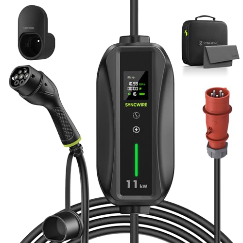 SYNCWIRE Cargador EV Tipo 2 de 11kW[5,5m 6-16A]con Corriente Ajustable Cable de Carga Rápida EV Cargador Tipo 2, Claro LCD, Impermeable IP65, con Soporte para Cable Bolsa Almacenamiento(Toma CEE16A)